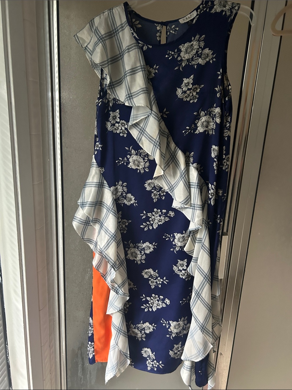 Sleeveless Navy Floral Midi Dress with Plaid Ruffle and Orange Side Panel